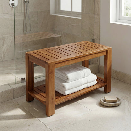 TeakCraft Teak Shower Bench with Storage Shelf, 30 inch, Handmade Solid Indonesian Teak Wood Bath Stool, Indoor Outdoor, The Botein