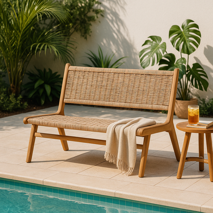 TeakCraft Teak Rattan Lounge Bench for 2, Easy Assembly,  Indoor Outdoor Loveseat Bench with Solid Teak Wood Frame, The Lyra