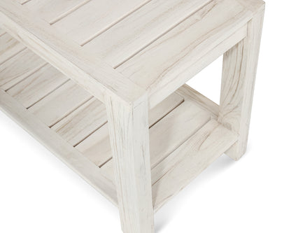 Danica solid teak leg and shelf detail in rustic gray finish