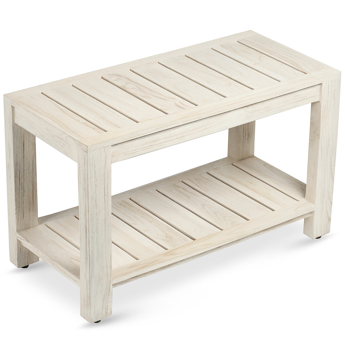 TeakCraft Danica 30 inch rustic gray teak shower bench with storage shelf