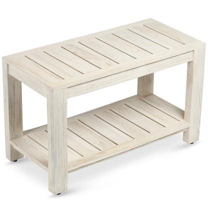 TeakCraft Danica 30 inch rustic gray teak shower bench with storage shelf