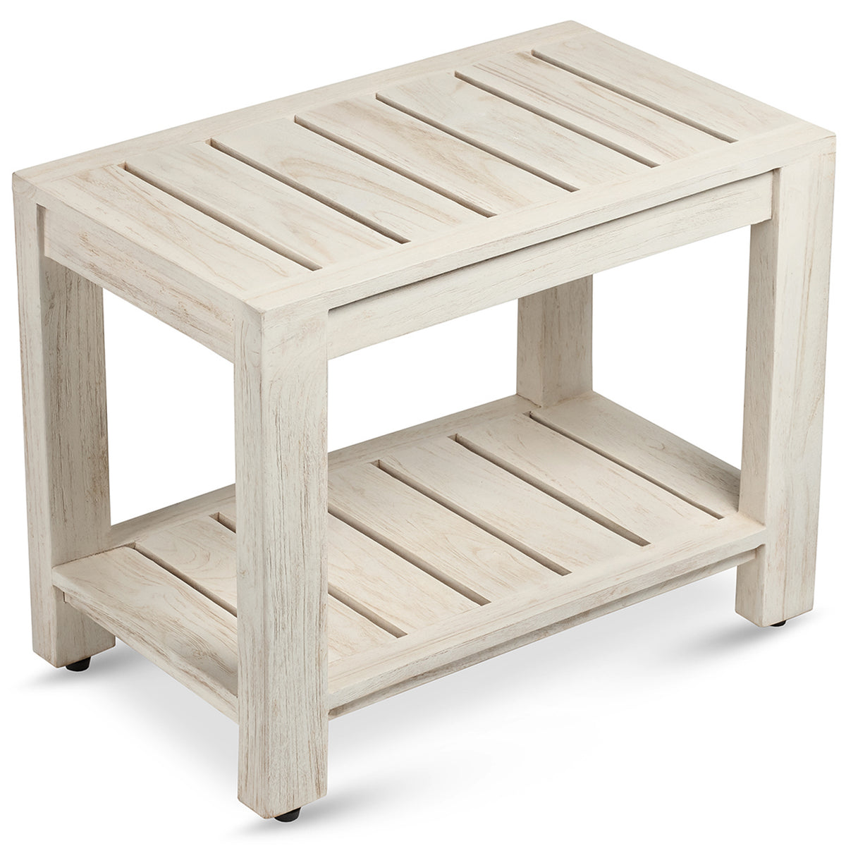 TeakCraft Elera 24 inch rustic gray teak shower bench with storage shelf