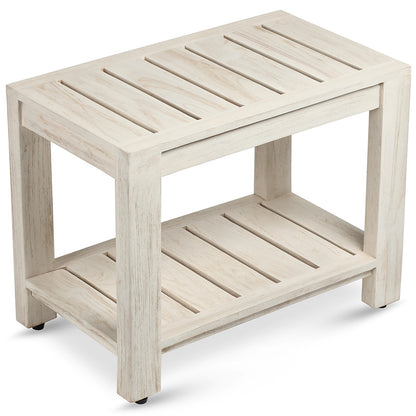 TeakCraft Elera 24 inch rustic gray teak shower bench with storage shelf