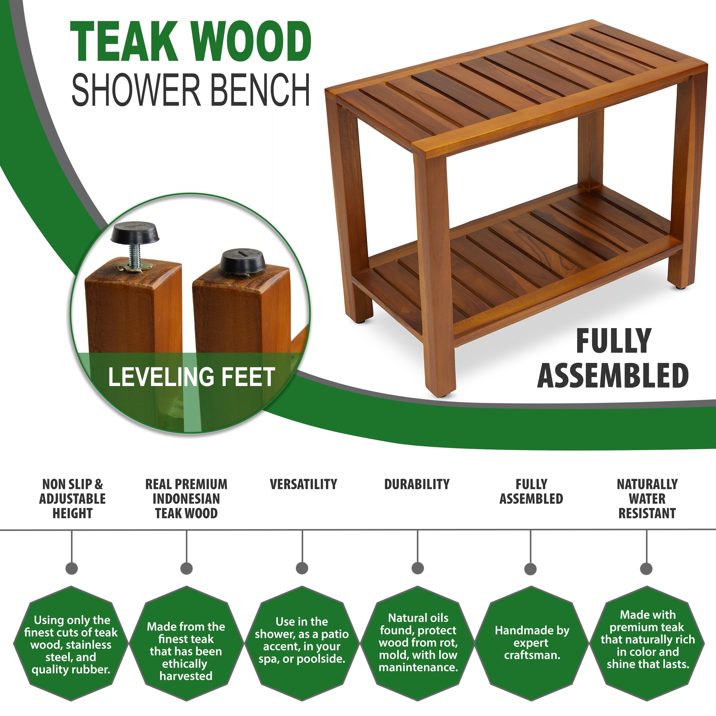 Teak Shower Bench 24 Inch For Bathroom, Spa - Fully Assembled, The Eske