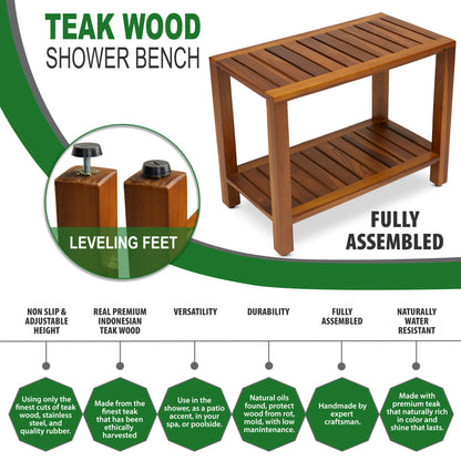 Teak Shower Bench 24 Inch For Bathroom, Spa - Fully Assembled, The Eske