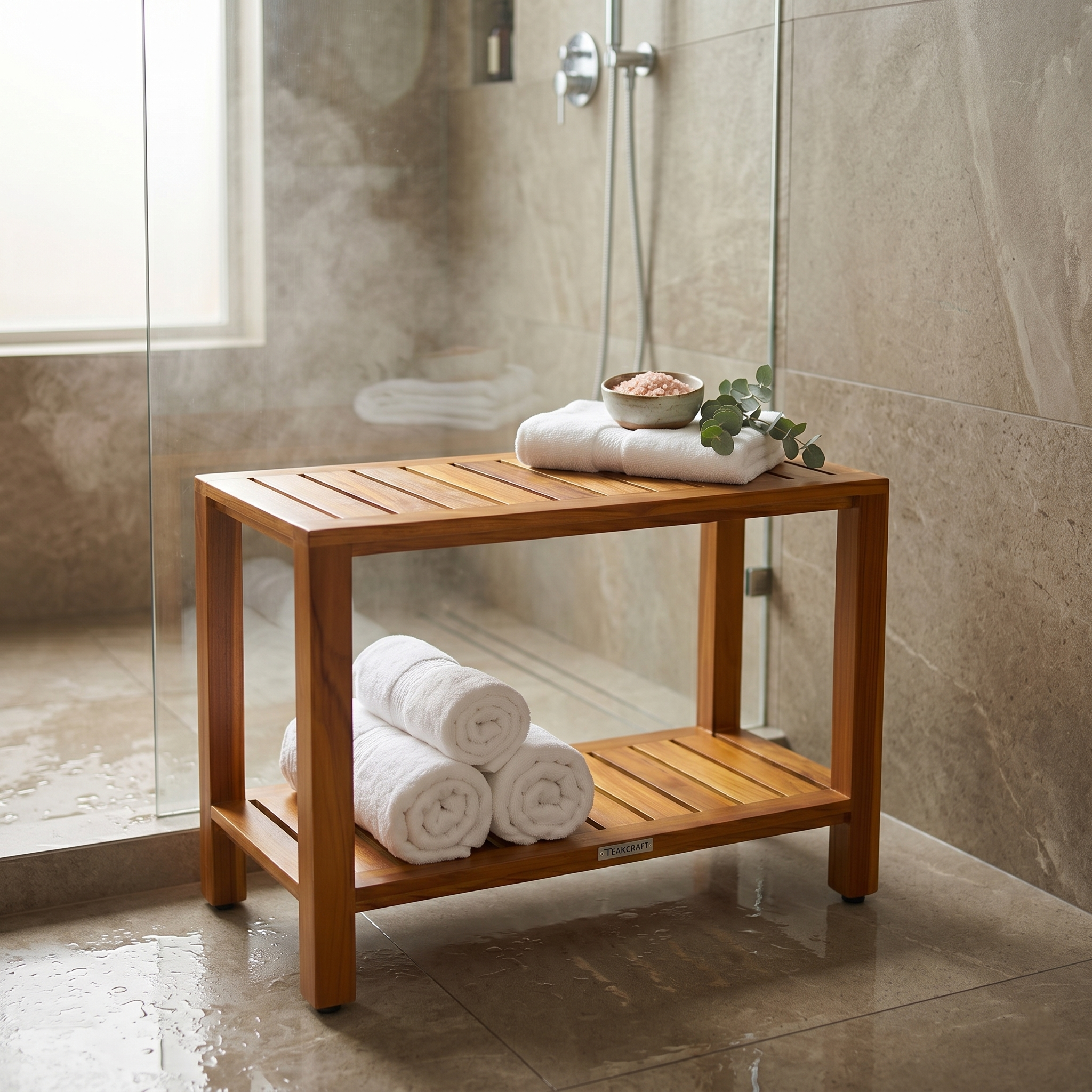 The Eske — 24" Teak Shower Bench with Storage Shelf