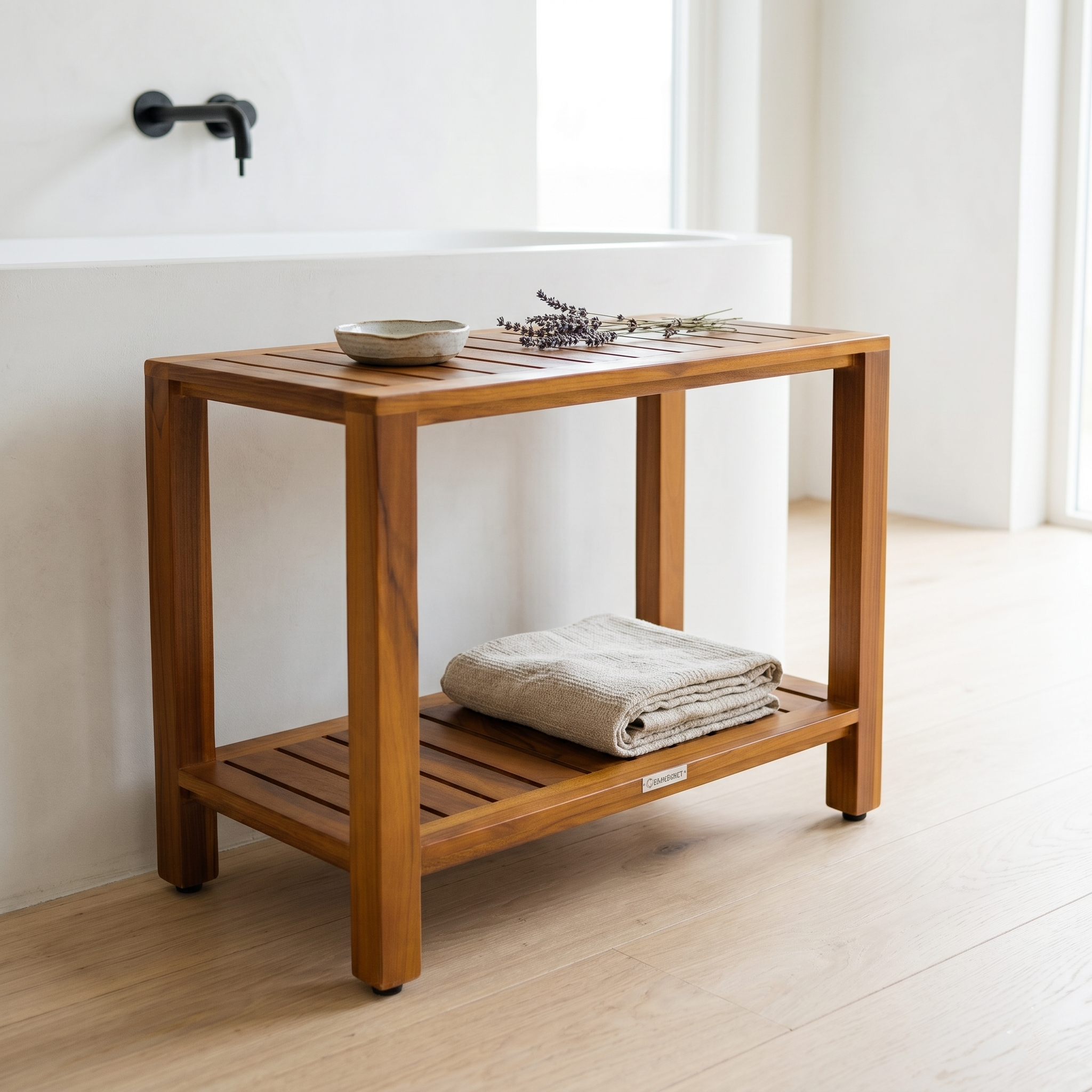 The Eske — 24" Teak Shower Bench with Storage Shelf