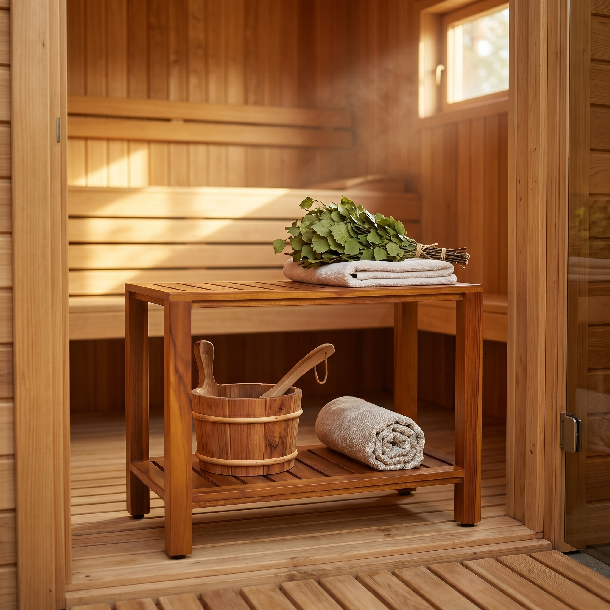 The Eske — 24" Teak Shower Bench with Storage Shelf