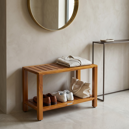 The Eske — 24" Teak Shower Bench with Storage Shelf