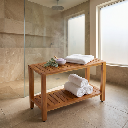 The Freya — 30" Teak Shower Bench with Storage Shelf