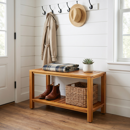 The Freya — 30" Teak Shower Bench with Storage Shelf