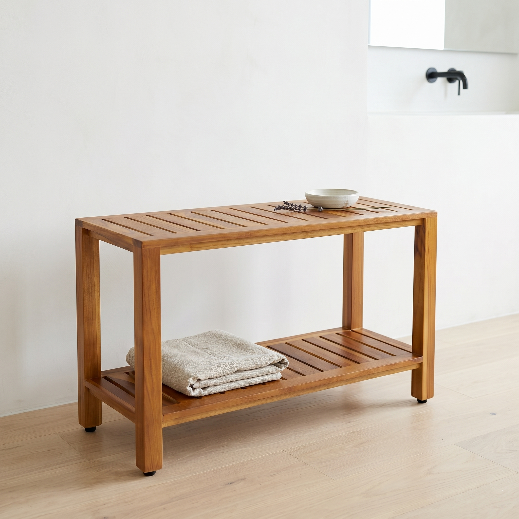 The Freya — 30" Teak Shower Bench with Storage Shelf