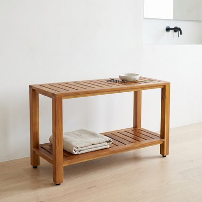 The Freya — 30" Teak Shower Bench with Storage Shelf