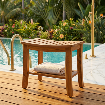 The Hermod — 21" Teak Shower Bench with Storage Shelf
