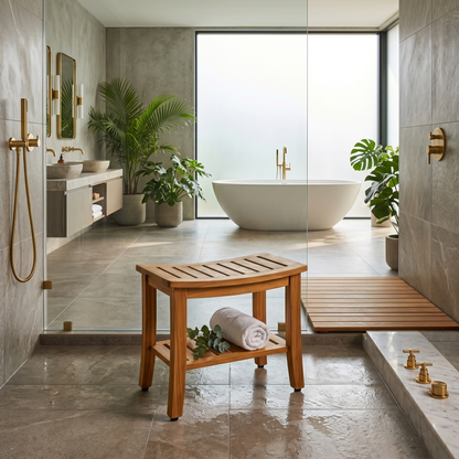 The Hermod — 21" Teak Shower Bench with Storage Shelf