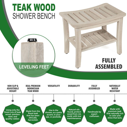 The LAVICI, Teak Shower Bench, Teak Shower Stool, 21 Inch, Rustic Gray Finish