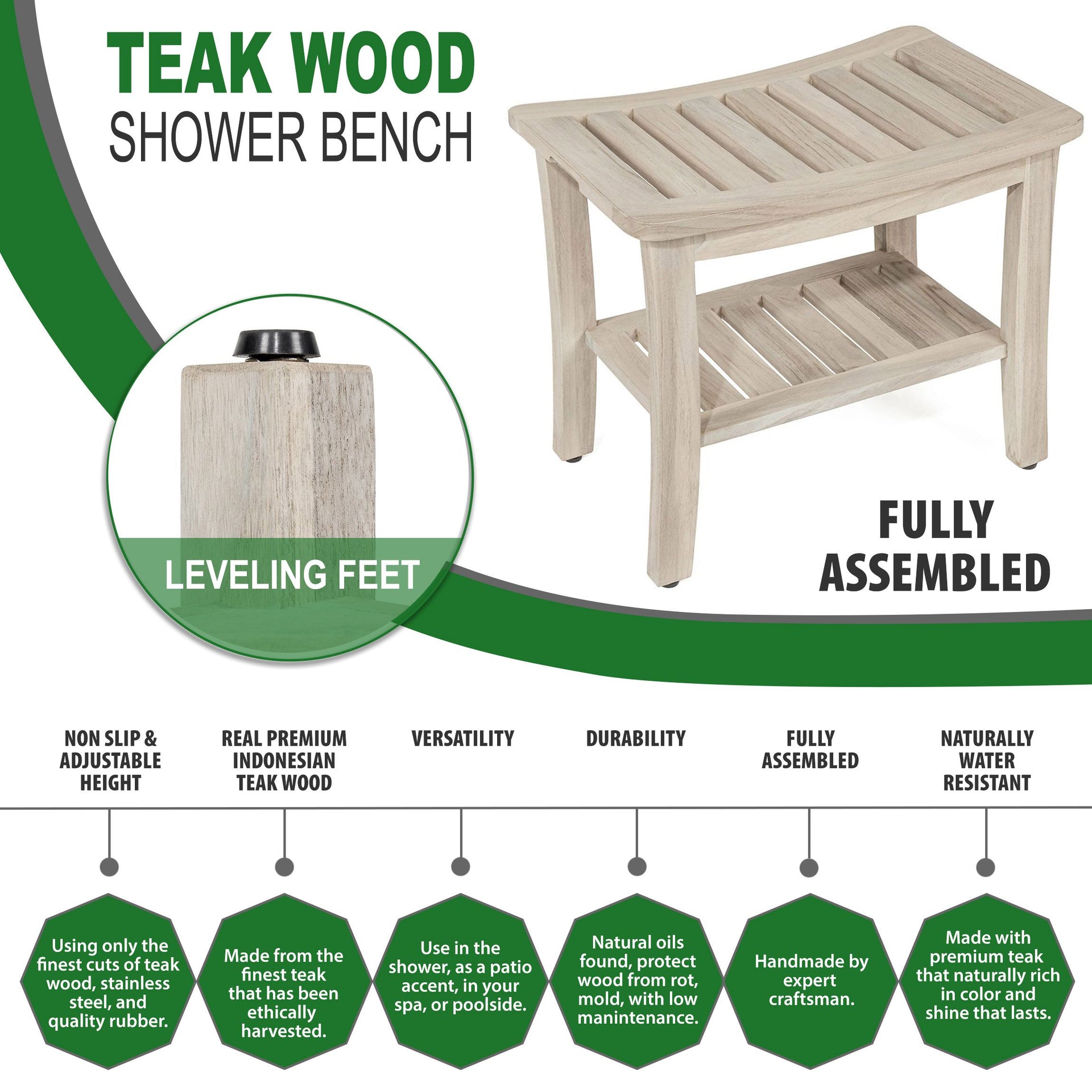 The LAVICI, Teak Shower Bench, Teak Shower Stool, 21 Inch, Rustic Gray ...