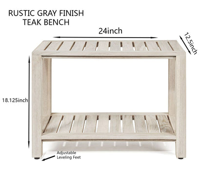 The LUNI, Teak Shower Bench, Teak Shower Stool, 24 Inch, Rustic Gray Finish