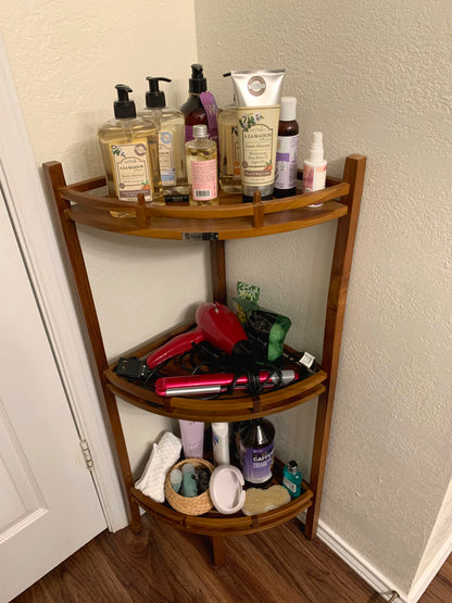 Teak Corner Shower Shelf, 3 Tier, 14Wx14Lx39.5H inches, Fully Assembled, The OM