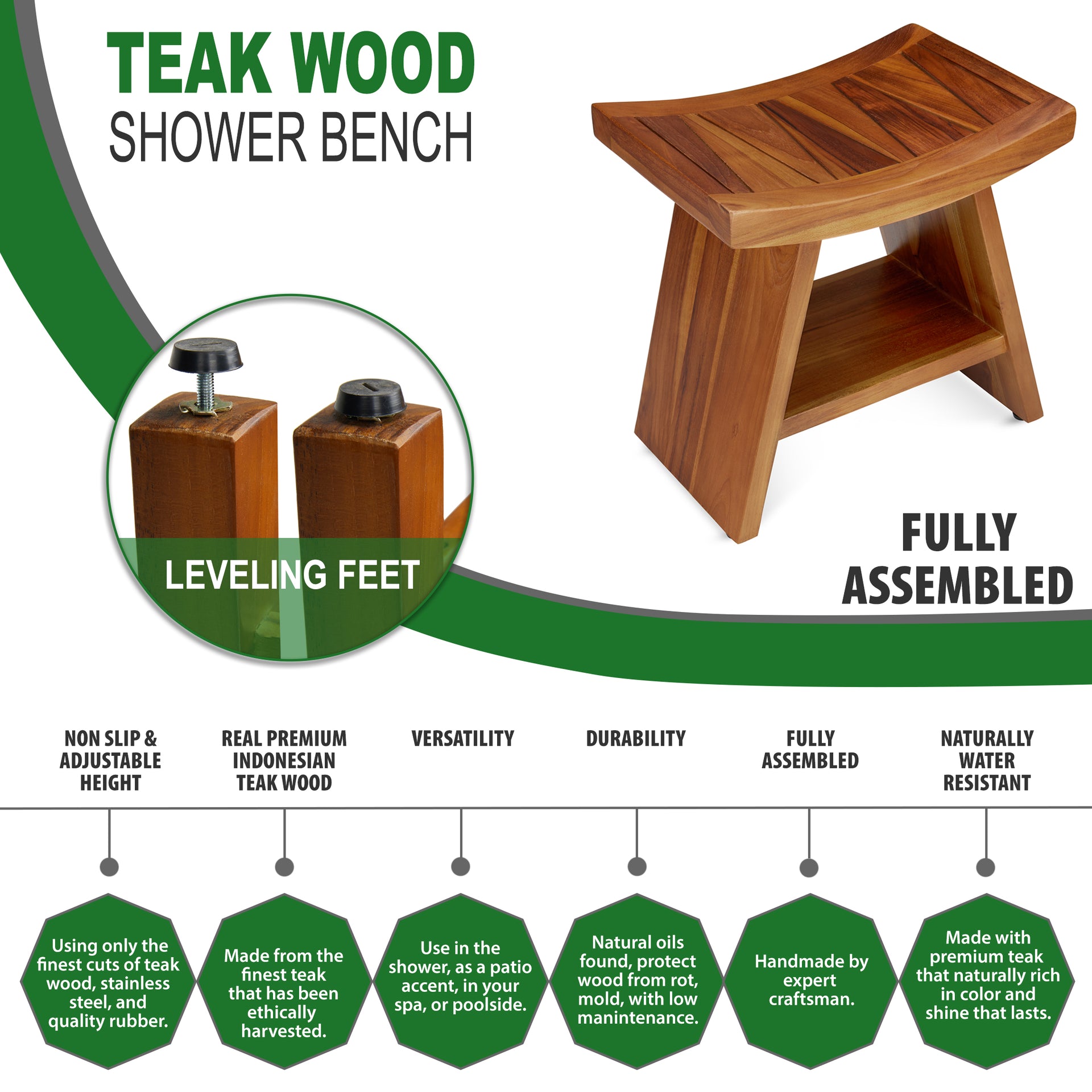 The RANDI, Teak Shower Bench, Teak Shower Stool, 18 Inch – TeakCraft