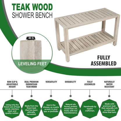 The RICINA, Teak Shower Bench, Teak Shower Stool, 30 Inch, Rustic Gray Finish