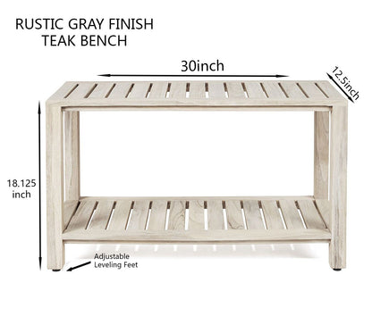 The RICINA, Teak Shower Bench, Teak Shower Stool, 30 Inch, Rustic Gray Finish