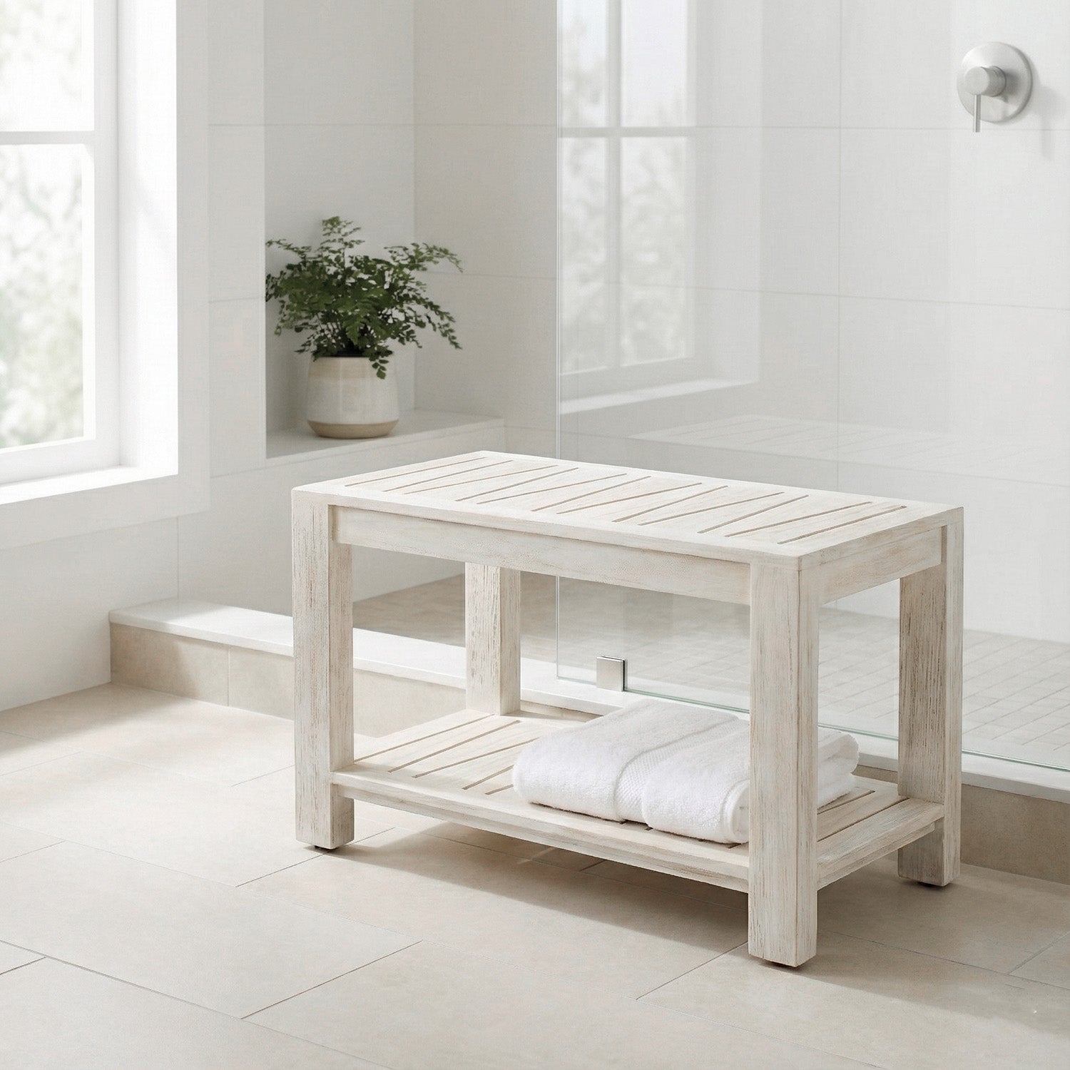 TeakCraft Teak Shower Bench with Storage Shelf, 30 inch, Rustic Grey Handmade Solid Indonesian Teak Wood Bath Stool, Indoor Outdoor, The Sitara