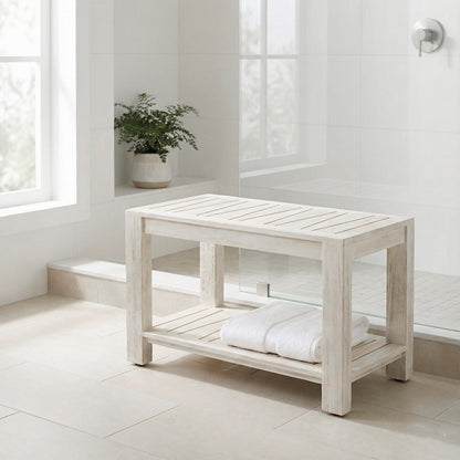 TeakCraft Teak Shower Bench with Storage Shelf, 30 inch, Rustic Grey Handmade Solid Indonesian Teak Wood Bath Stool, Indoor Outdoor, The Sitara