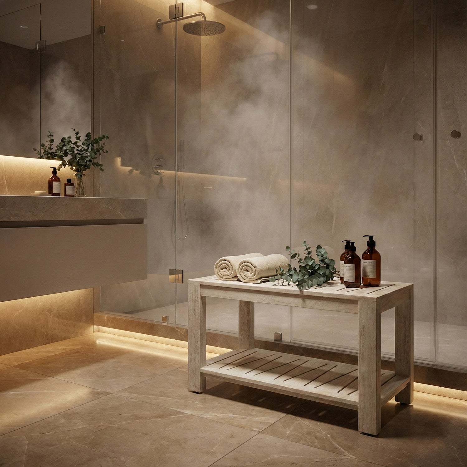 TeakCraft Teak Shower Bench with Storage Shelf, 30 inch, Rustic Grey Handmade Solid Indonesian Teak Wood Bath Stool, Indoor Outdoor, The Sitara