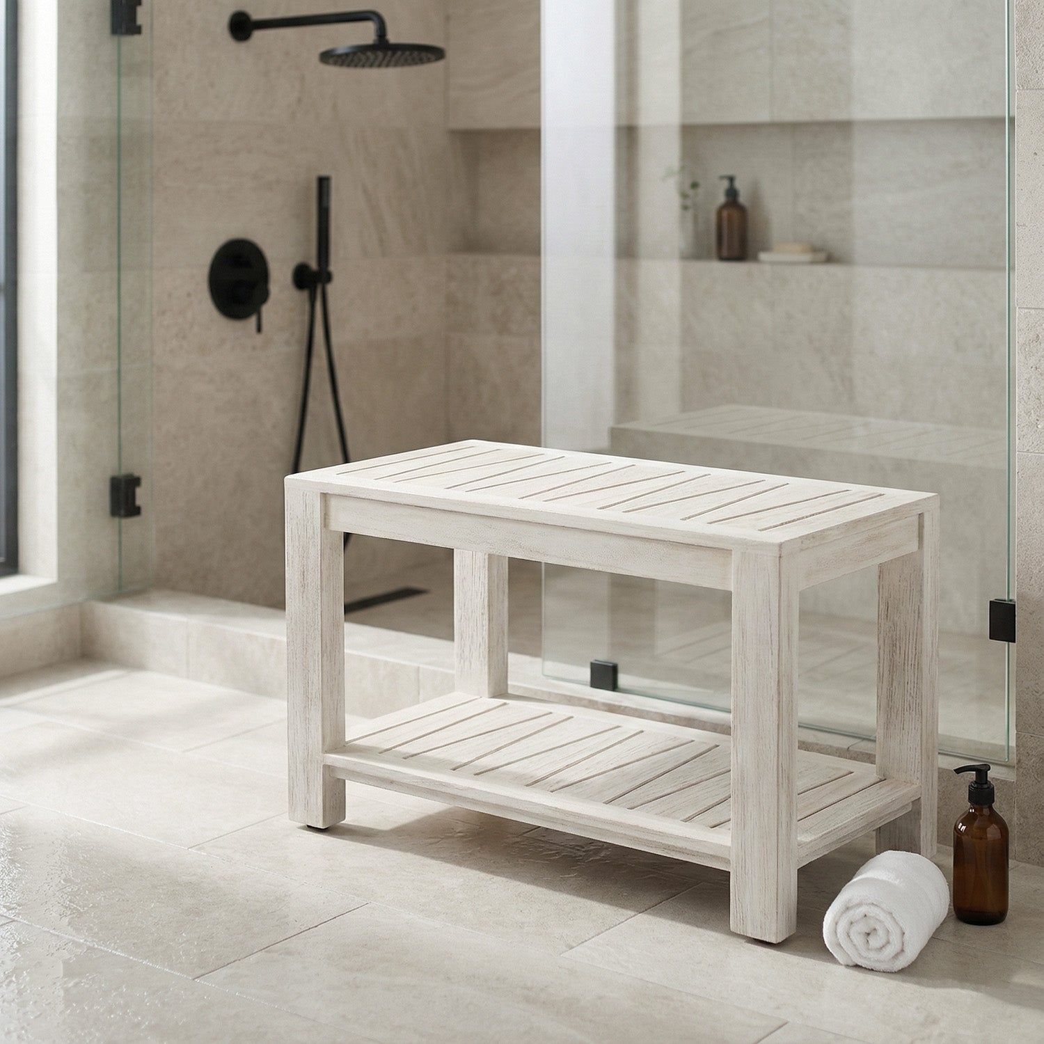 TeakCraft Teak Shower Bench with Storage Shelf, 30 inch, Rustic Grey Handmade Solid Indonesian Teak Wood Bath Stool, Indoor Outdoor, The Sitara