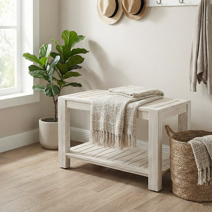 TeakCraft Teak Shower Bench with Storage Shelf, 30 inch, Rustic Grey Handmade Solid Indonesian Teak Wood Bath Stool, Indoor Outdoor, The Sitara