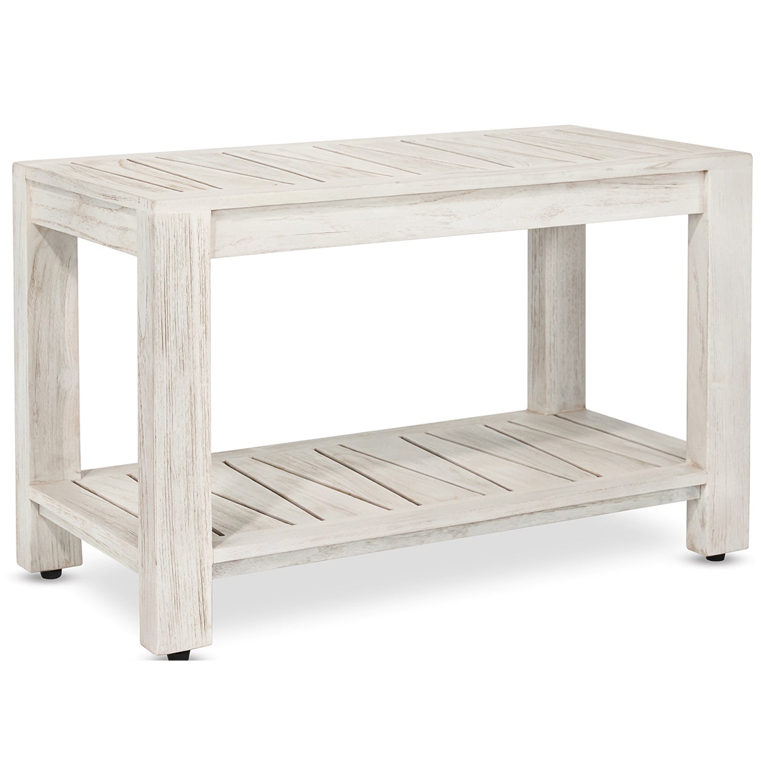 TeakCraft Teak Shower Bench with Storage Shelf, 30 inch, Rustic Grey Handmade Solid Indonesian Teak Wood Bath Stool, Indoor Outdoor, The Sitara