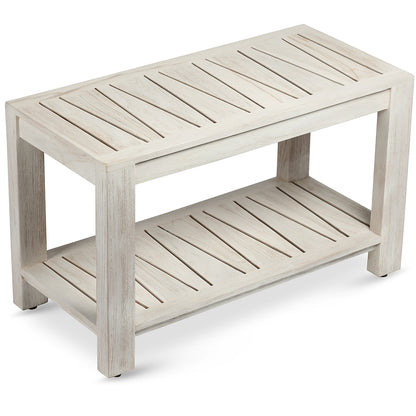 TeakCraft Teak Shower Bench with Storage Shelf, 30 inch, Rustic Grey Handmade Solid Indonesian Teak Wood Bath Stool, Indoor Outdoor, The Sitara