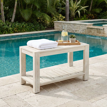 TeakCraft Teak Shower Bench with Storage Shelf, 30 inch, Rustic Grey Handmade Solid Indonesian Teak Wood Bath Stool, Indoor Outdoor, The Sitara