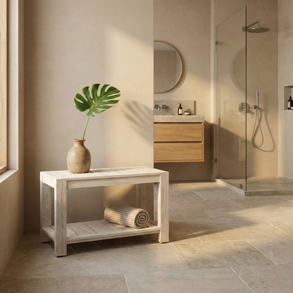 TeakCraft Teak Shower Bench with Storage Shelf, 30 inch, Rustic Grey Handmade Solid Indonesian Teak Wood Bath Stool, Indoor Outdoor, The Sitara