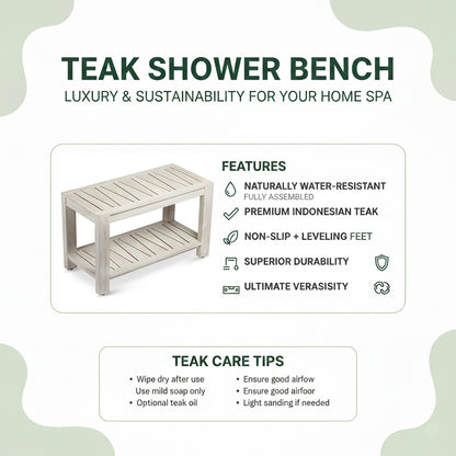 TeakCraft Teak Shower Bench with Storage Shelf, 30 inch, Rustic Grey Handmade Solid Indonesian Teak Wood Bath Stool, Indoor Outdoor, The Sitara