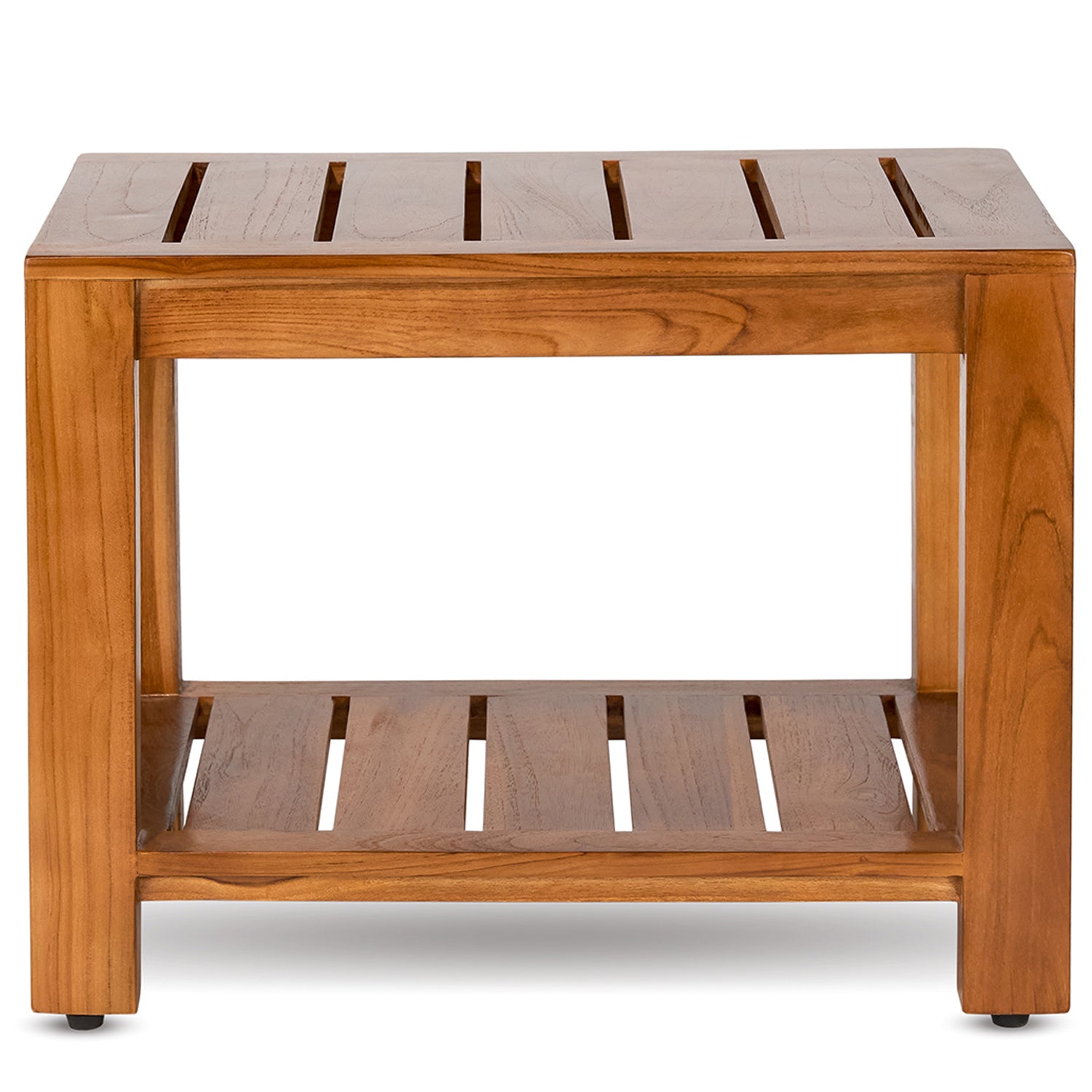 TeakCraft Teak Shower Bench with Storage Shelf, 24 inch, Handmade Solid Indonesian Teak Wood Bath Stool, Indoor Outdoor, The Tara