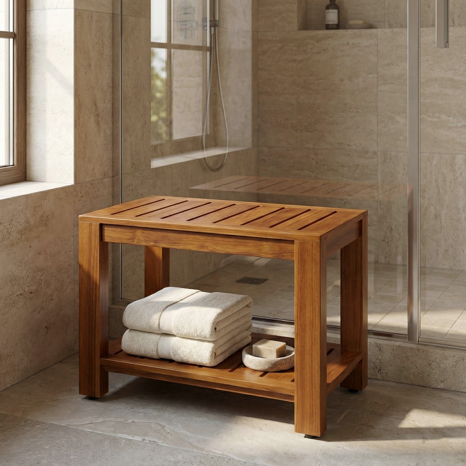 TeakCraft Teak Shower Bench with Storage Shelf, 24 inch, Handmade Solid Indonesian Teak Wood Bath Stool, Indoor Outdoor, The Tara