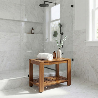 TeakCraft Teak Shower Bench with Storage Shelf, 24 inch, Handmade Solid Indonesian Teak Wood Bath Stool, Indoor Outdoor, The Tara