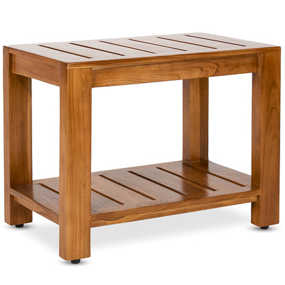 TeakCraft Teak Shower Bench with Storage Shelf, 24 inch, Handmade Solid Indonesian Teak Wood Bath Stool, Indoor Outdoor, The Tara