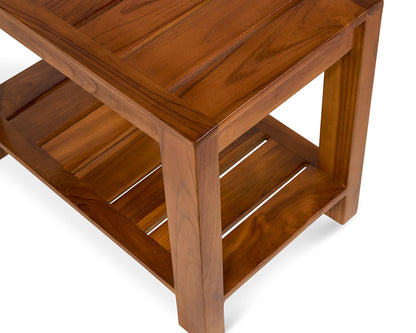 TeakCraft Teak Shower Bench with Storage Shelf, 24 inch, Handmade Solid Indonesian Teak Wood Bath Stool, Indoor Outdoor, The Tara
