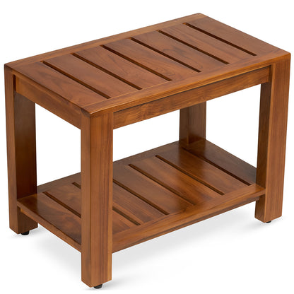 TeakCraft Teak Shower Bench with Storage Shelf, 24 inch, Handmade Solid Indonesian Teak Wood Bath Stool, Indoor Outdoor, The Tara