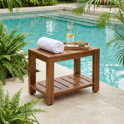 TeakCraft Teak Shower Bench with Storage Shelf, 24 inch, Handmade Solid Indonesian Teak Wood Bath Stool, Indoor Outdoor, The Tara