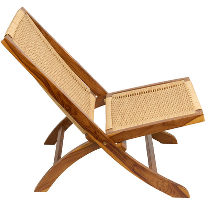 Teak Rattan Lounge Chair – Foldable, Solid Wood Accent Chair with Woven Seat – Mid-Century Modern Recliner for Indoor & Outdoor Use, The Ediz