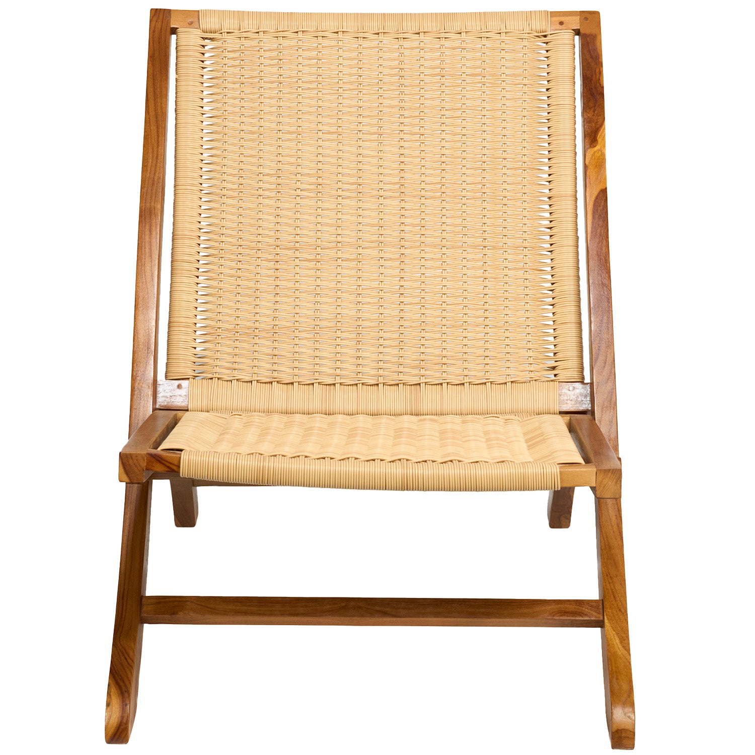 Teak Rattan Lounge Chair – Foldable, Solid Wood Accent Chair with Woven Seat – Mid-Century Modern Recliner for Indoor & Outdoor Use, The Ediz