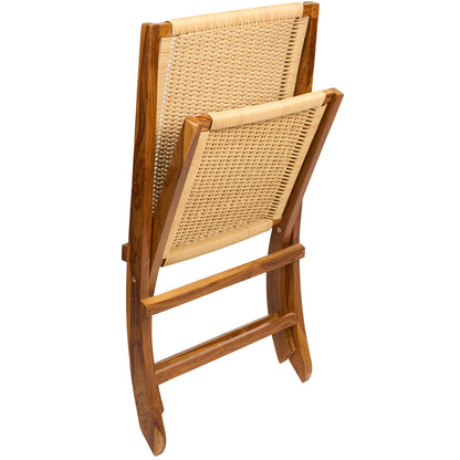 Teak Rattan Lounge Chair – Foldable, Solid Wood Accent Chair with Woven Seat – Mid-Century Modern Recliner for Indoor & Outdoor Use, The Ediz
