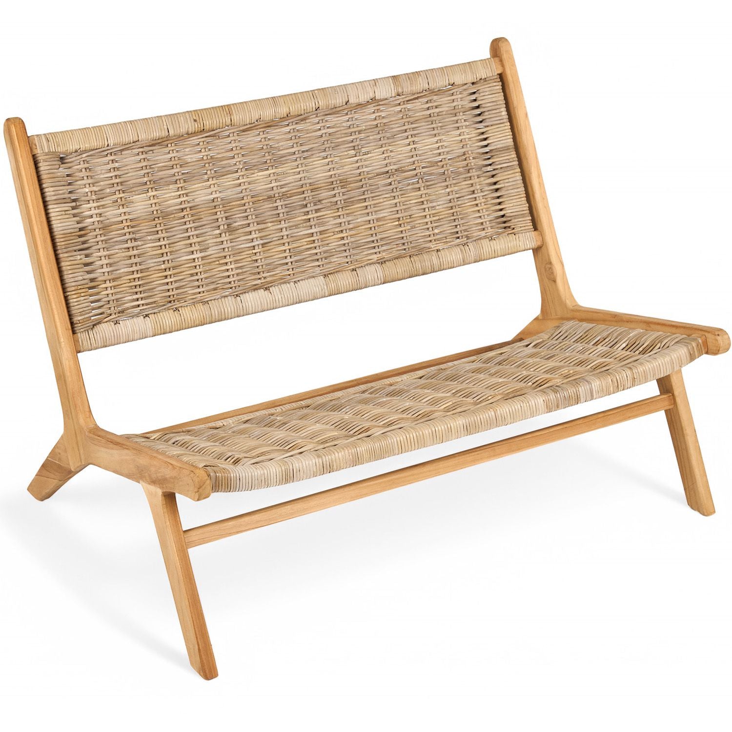 TeakCraft Teak Rattan Lounge Bench for 2, Easy Assembly,  Indoor Outdoor Loveseat Bench with Solid Teak Wood Frame, The Lyra