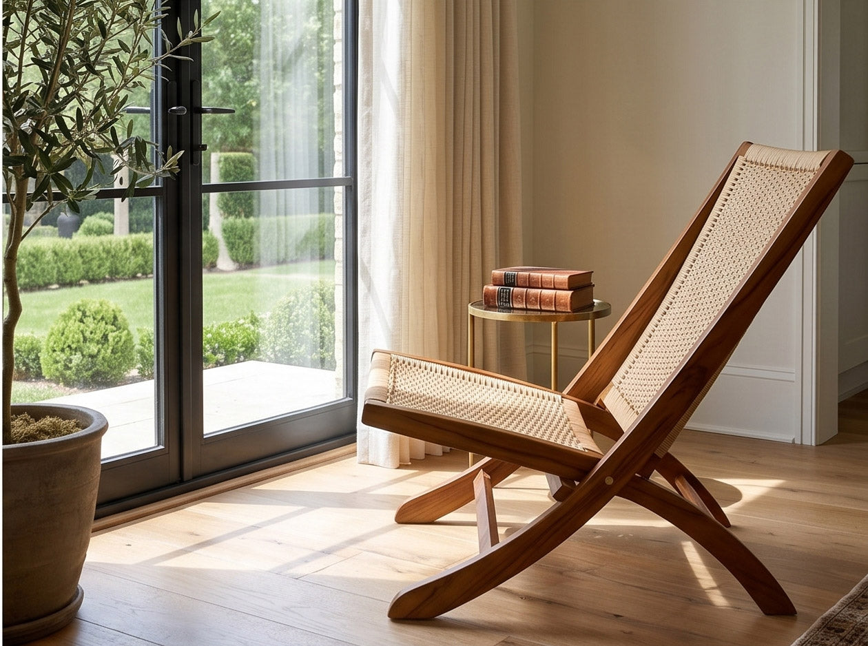 Teak Rattan Lounge Chair – Foldable, Solid Wood Accent Chair with Woven Seat – Mid-Century Modern Recliner for Indoor & Outdoor Use, The Ediz