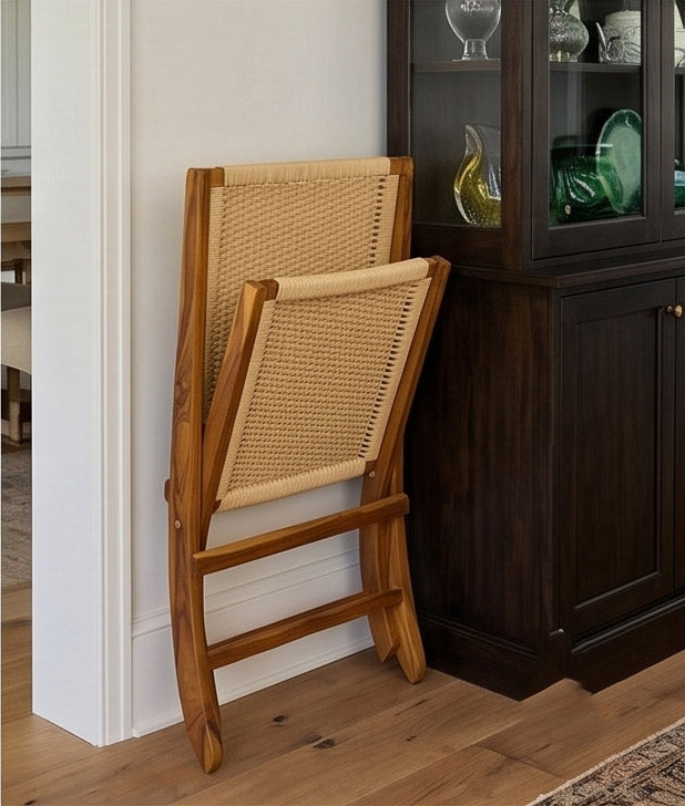 Teak Rattan Lounge Chair – Foldable, Solid Wood Accent Chair with Woven Seat – Mid-Century Modern Recliner for Indoor & Outdoor Use, The Ediz
