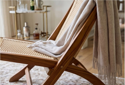 Teak Rattan Lounge Chair – Foldable, Solid Wood Accent Chair with Woven Seat – Mid-Century Modern Recliner for Indoor & Outdoor Use, The Ediz